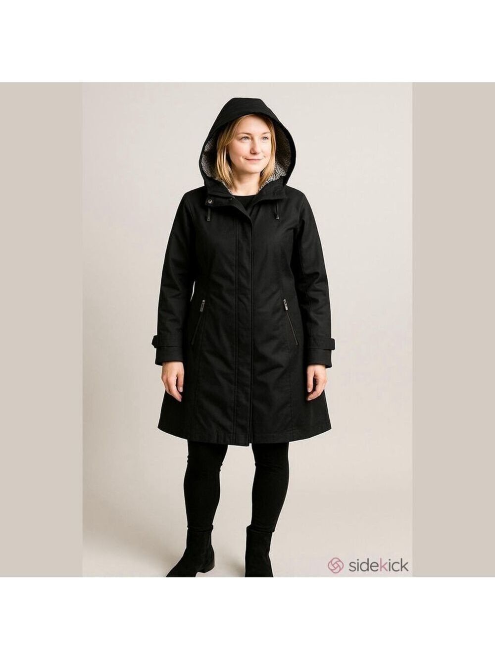 Women's GALLERY PETITE Black Hooded Trench Rain Coat, Plaid Lining Small Petite